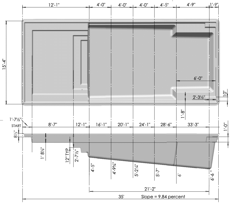 A detailed architectural diagram of a rectangular swimming pool, showcasing dimensions and slopes. The drawing includes measurements for length, width, and height, with annotations for features such as steps and depth. Overall dimensions are indicated, emphasizing a slope of 9.84 percent.